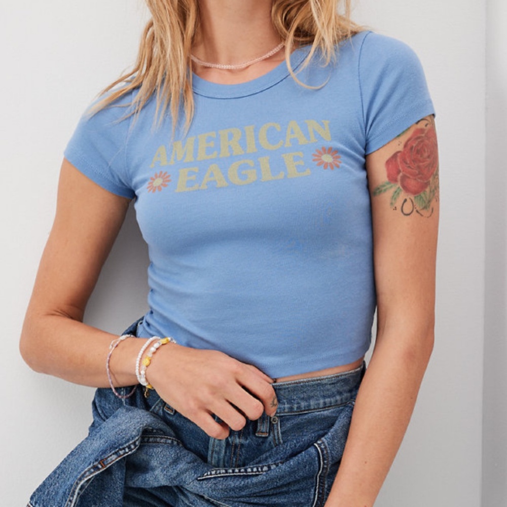 American Eagle Hey Baby Tee cropped T shirt blue size small